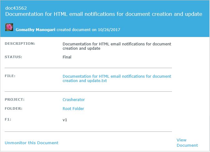 Sample HTML email when a document is created
