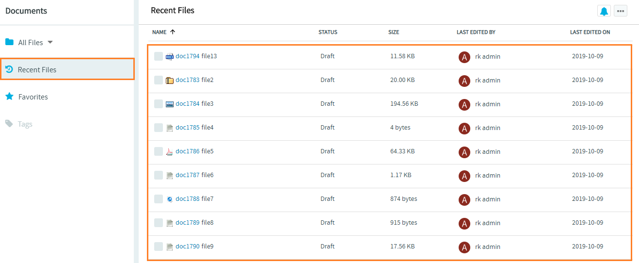 List of recently added, modified, and viewed documents