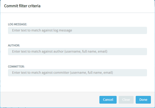 Filter dialog box to filter commits by Log Message, Author or Committer