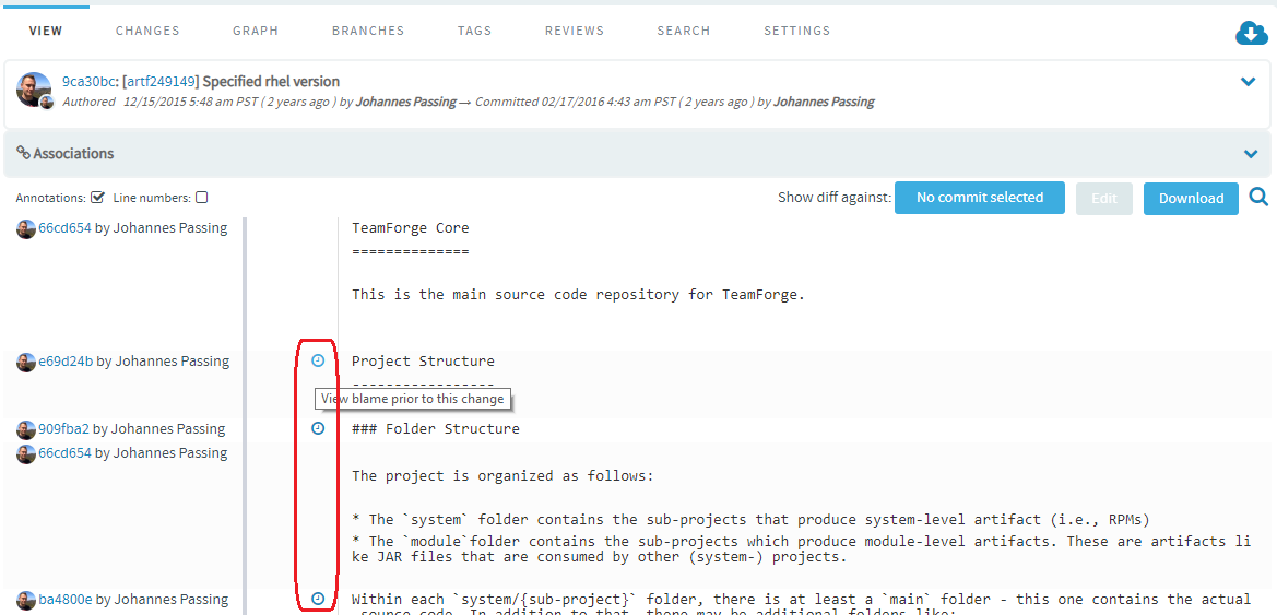 View Git blame icons to view blame prior to a specific change