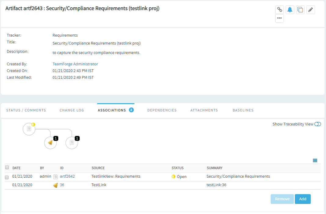 Association between the requirements artifact and the test suite