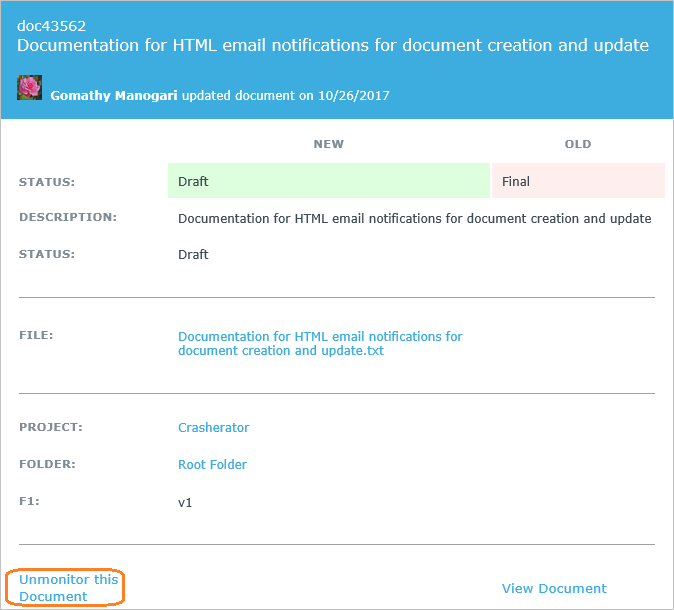 Unmonitor email for document update