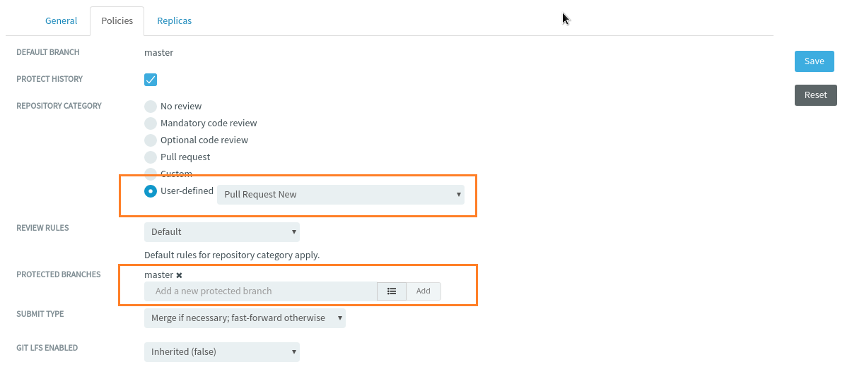 &quot;master&quot; added as the default protected branch for user-defined repository category &quot;Pull Request New&quot;